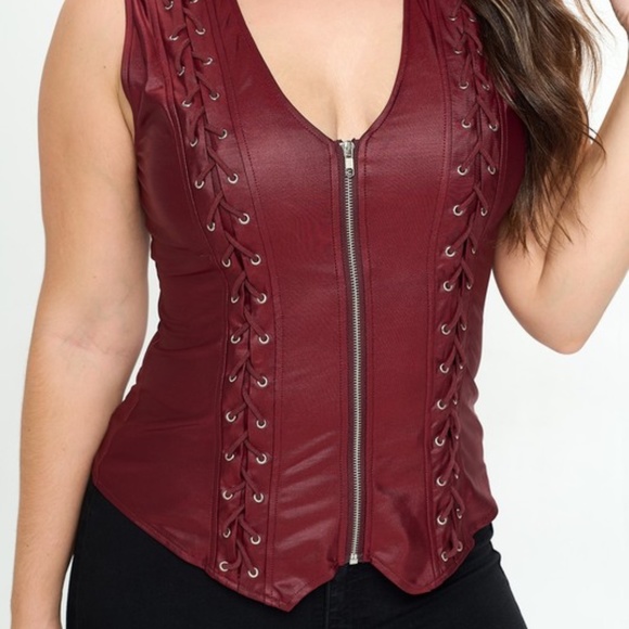 SEXY Faux Leather Zip Front Lace Up Strappy Fitted Vest Burgundy - Picture 8 of 9